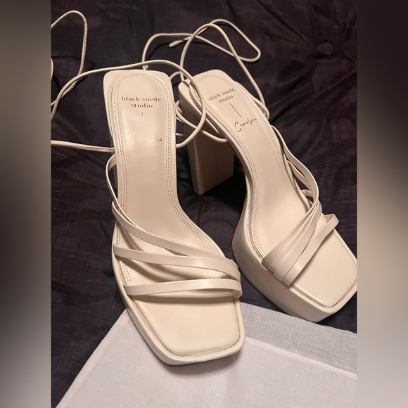Black Suede Studio White Wrap Around Tie Up Platform Disco Sasha REVOLVE Heels - Picture 14 of 14